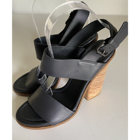 Vince Haley Sandal Black Leather Open Toe Two Strap Ankle Buckle Wood He… - Picture 4 of 11
